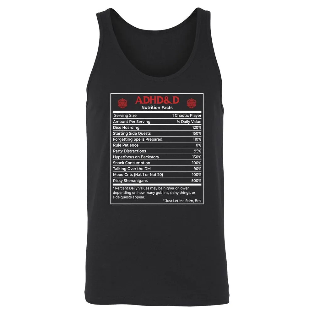 ADHD&D Nutrition Facts Unisex Jersey Tank - Black - 1