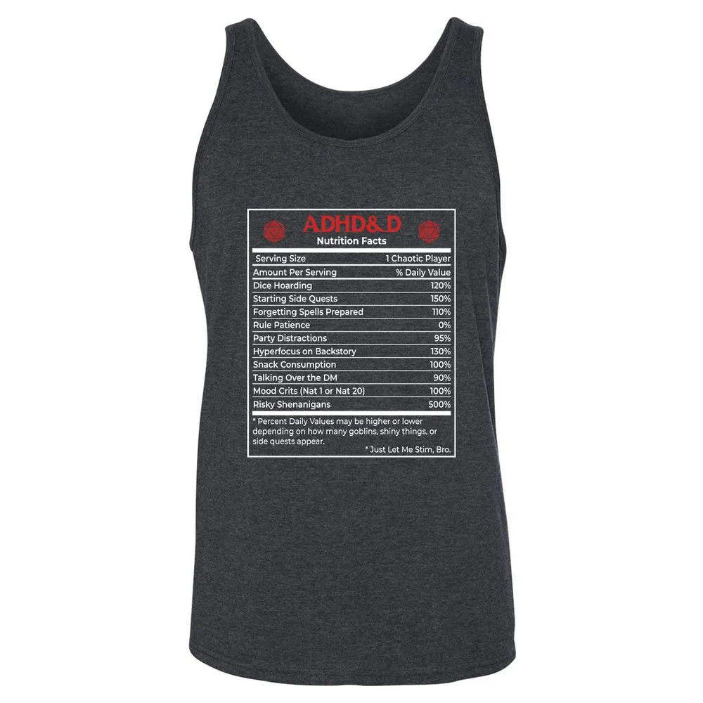 ADHD&D Nutrition Facts Unisex Jersey Tank - Dark Grey Heather - 6