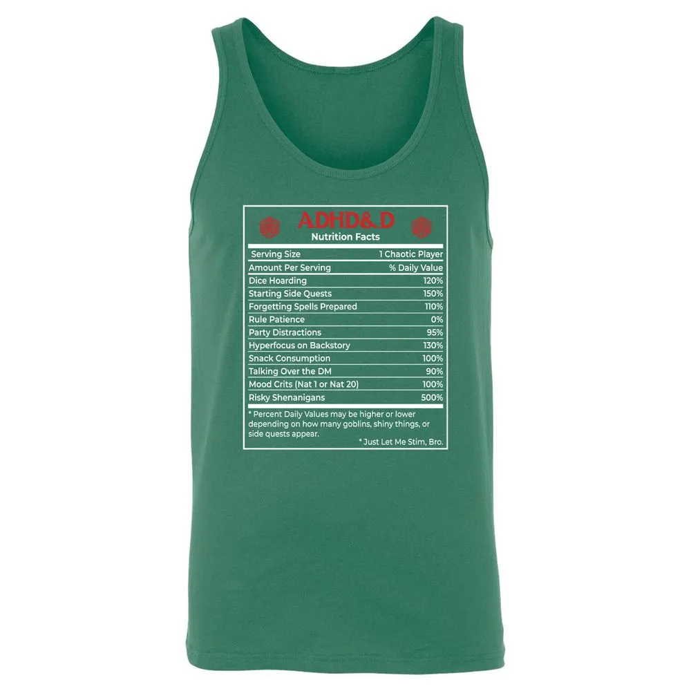 ADHD&D Nutrition Facts Unisex Jersey Tank - Kelly - 9