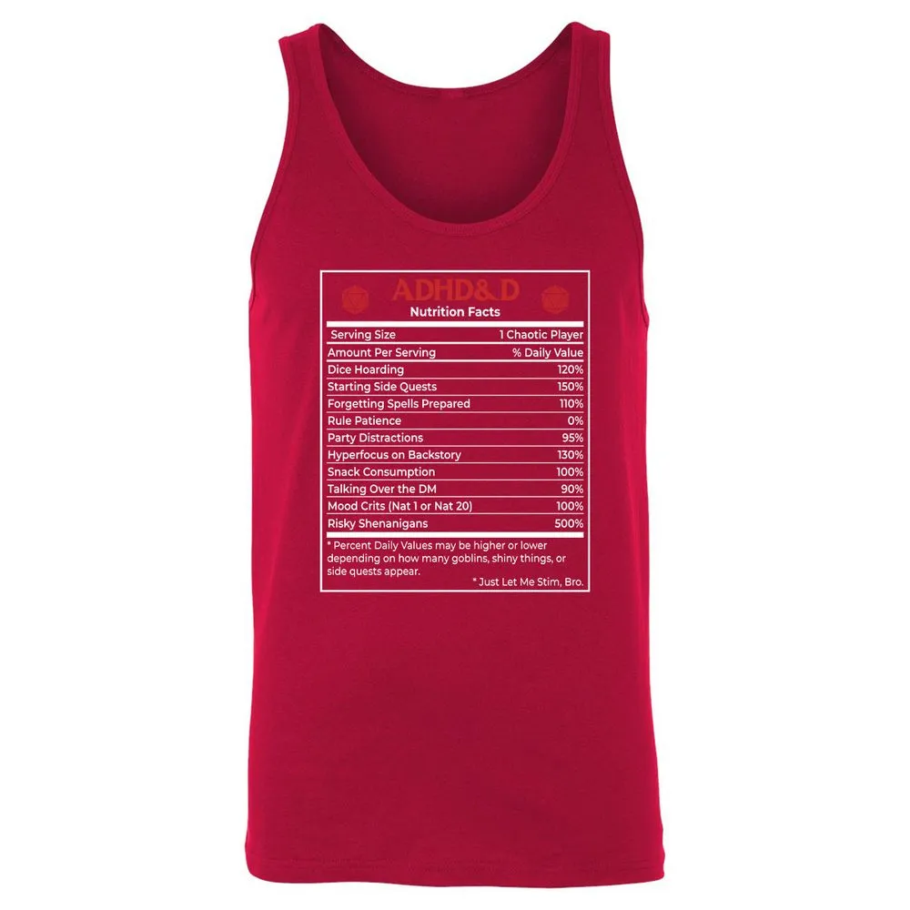 ADHD&D Nutrition Facts Unisex Jersey Tank - Red - 11