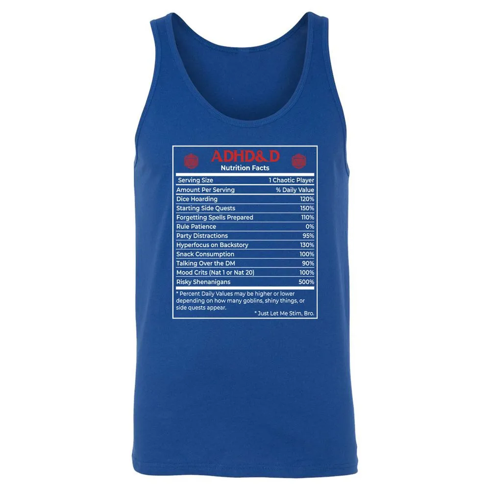 ADHD&D Nutrition Facts Unisex Jersey Tank - True Royal - 13