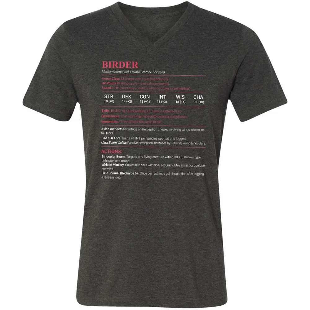Birder Stats Unisex V-Neck T-Shirt - Dark Grey Heather - 8