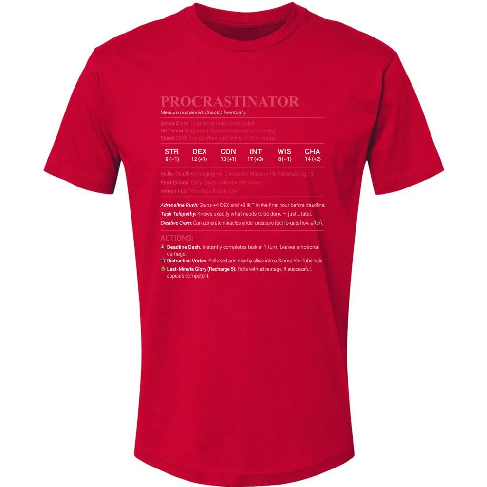 Procrastinator Stats Premium Unisex T-Shirt - Red - 6