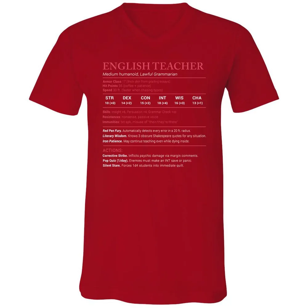 English Teacher Stats Unisex V-Neck T-Shirt - Red - 3