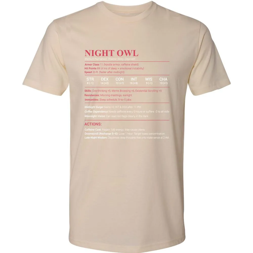 Night Owl Stats Premium Unisex T-Shirt - Cream - 14