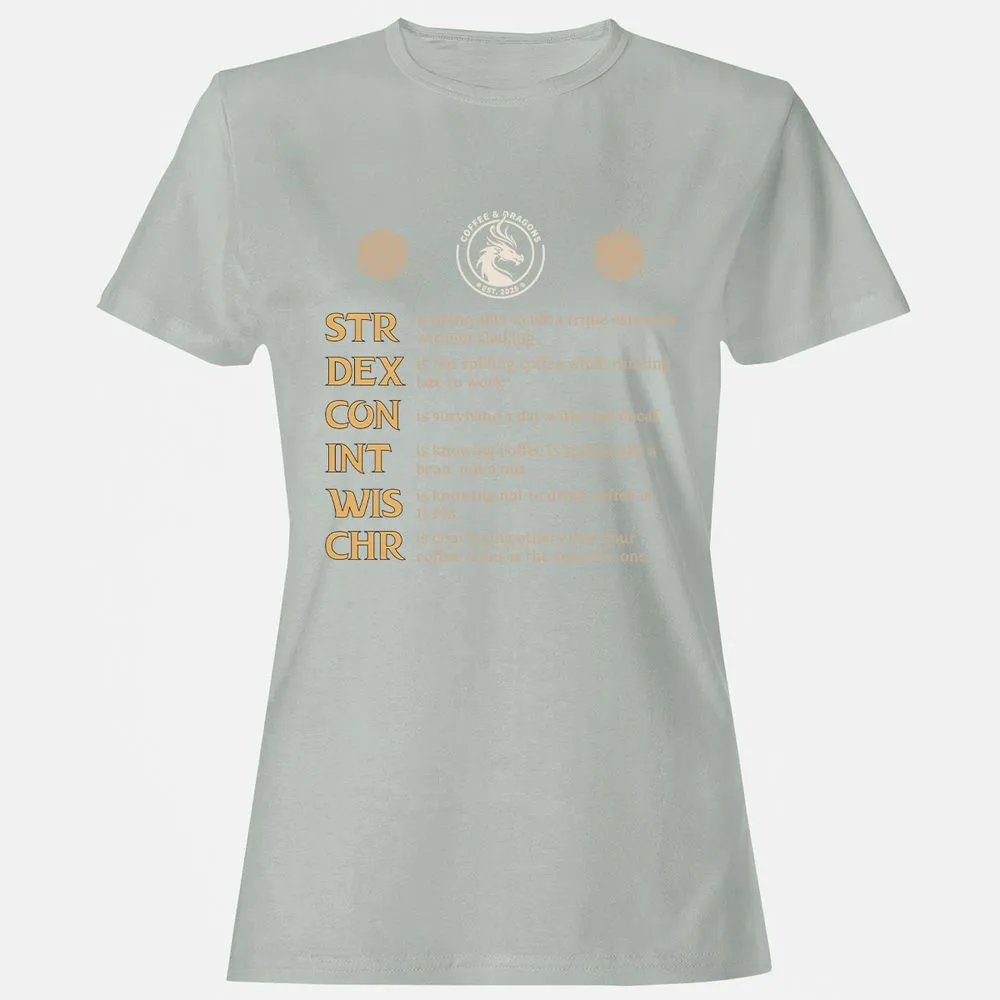 Coffee & Dragons RPG Stats Women's T-Shirt - Ash - 2