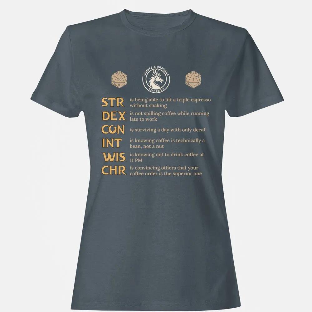 Coffee & Dragons RPG Stats Women's T-Shirt - Charcoal - 3