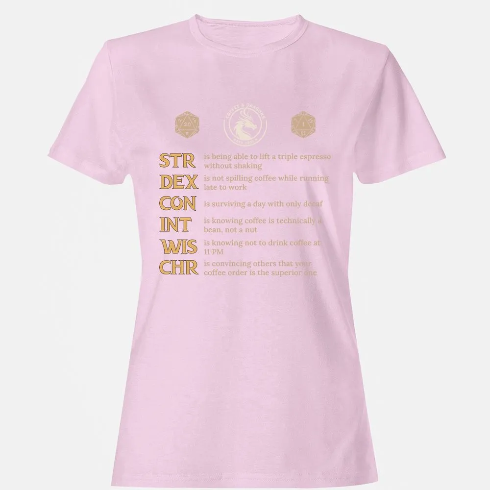 Coffee & Dragons RPG Stats Women's T-Shirt - Light Pink - 9