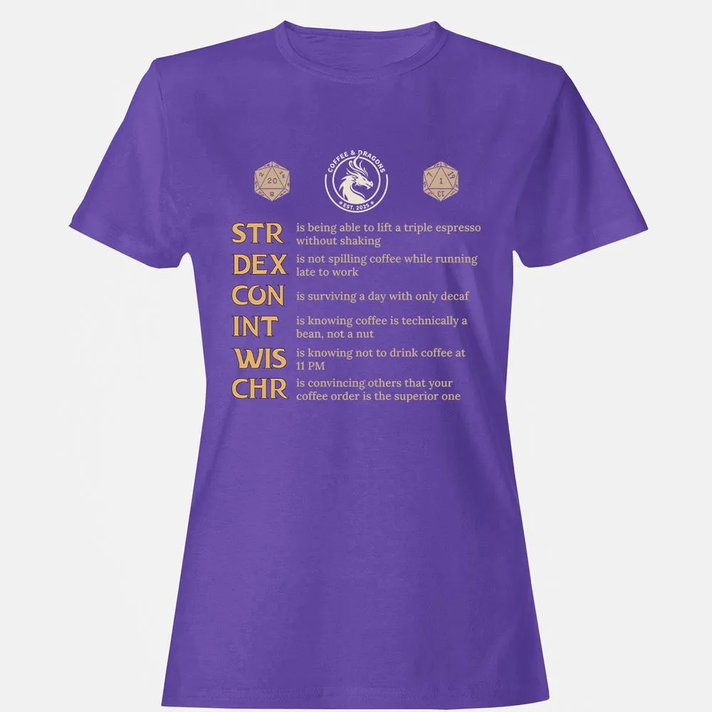 Coffee & Dragons RPG Stats Women's T-Shirt - Purple - 12