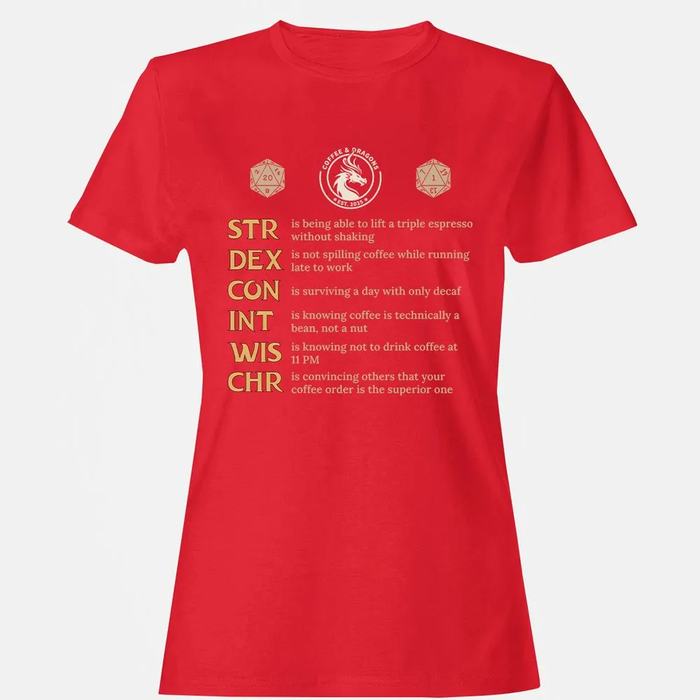Coffee & Dragons RPG Stats Women's T-Shirt - Red - 13
