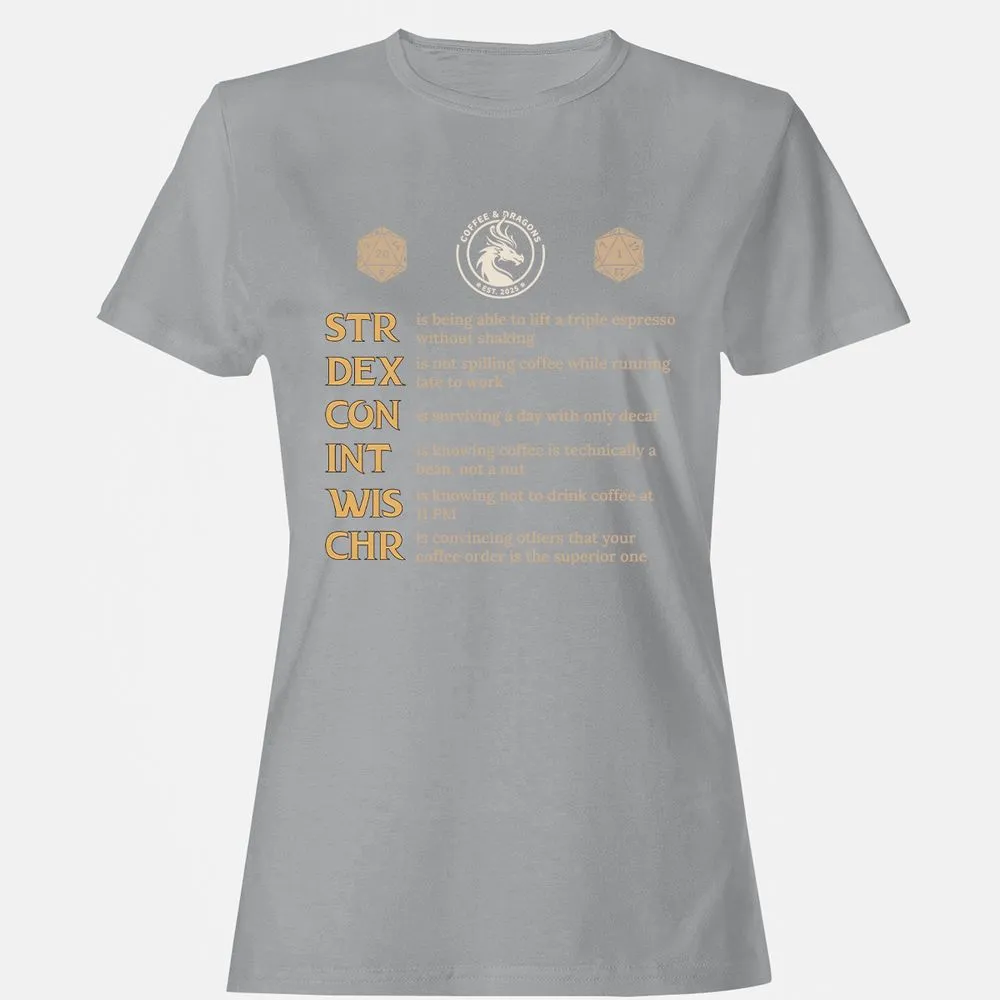 Coffee & Dragons RPG Stats Women's T-Shirt - Sport Grey - 15