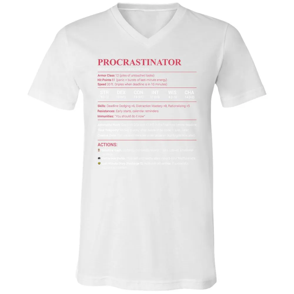 Procrastinator Stats Unisex V-Neck T-Shirt - White - 5