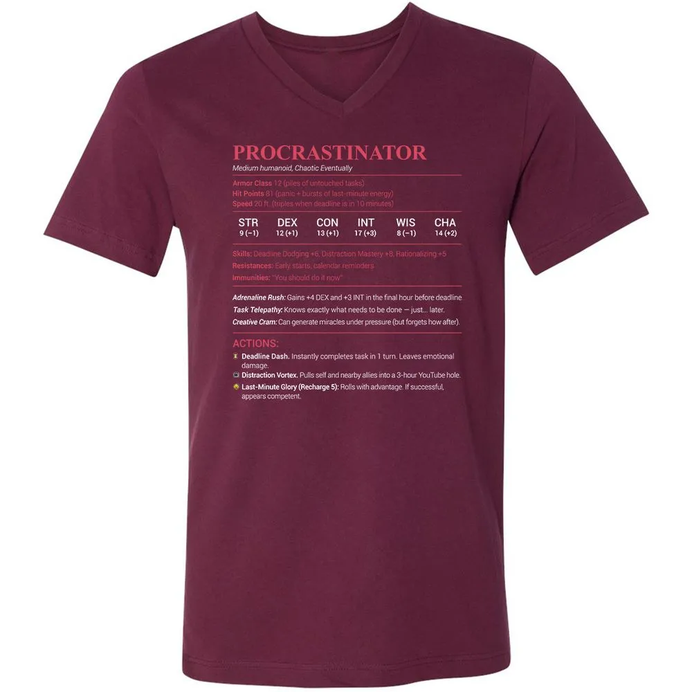 Procrastinator Stats Unisex V-Neck T-Shirt - Maroon - 6