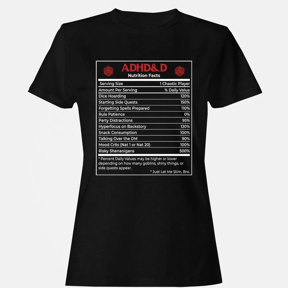 ADHD&D Nutrition Facts Women's T-Shirt - Black - 1