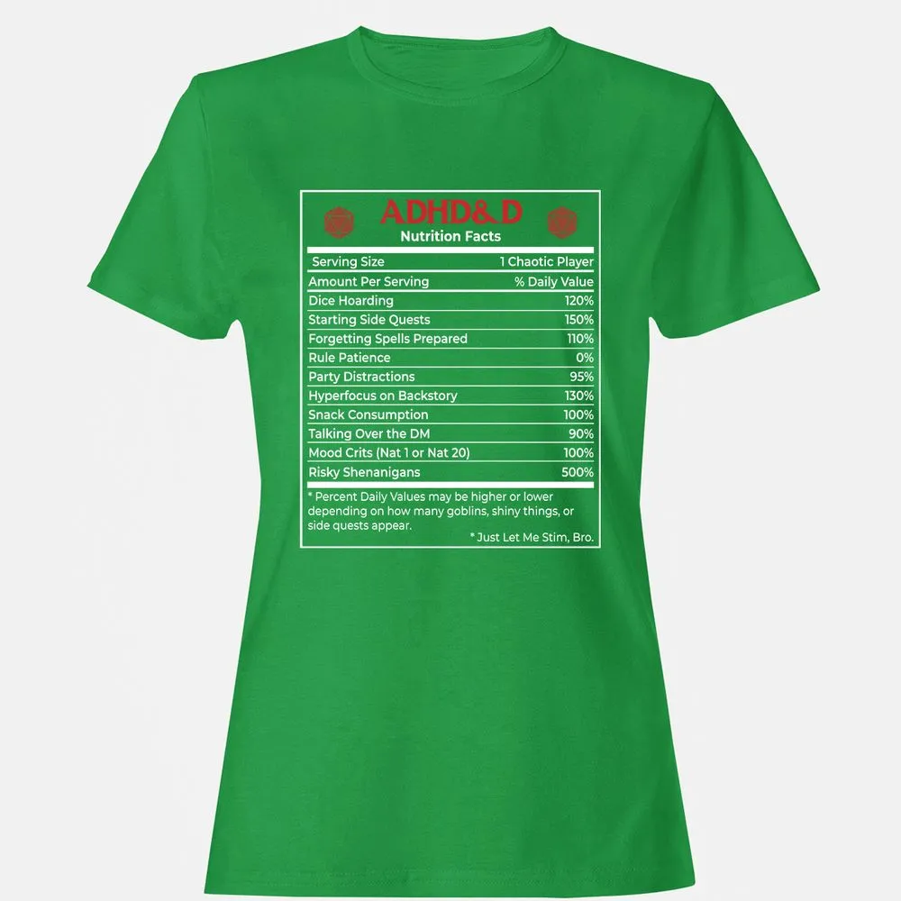 ADHD&D Nutrition Facts Women's T-Shirt - Irish Green - 7