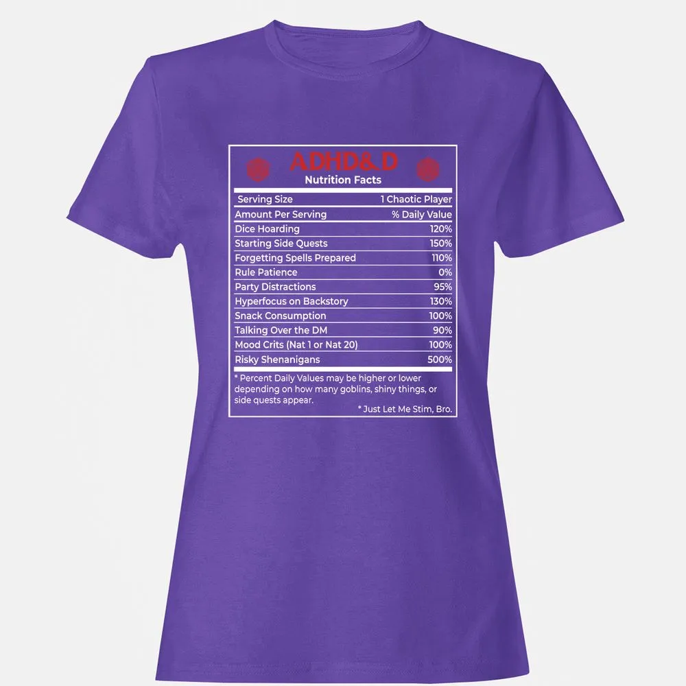 ADHD&D Nutrition Facts Women's T-Shirt - Purple - 12
