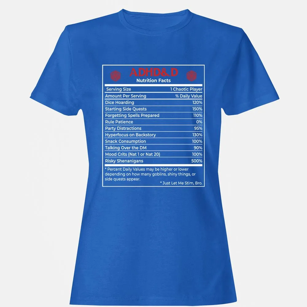 ADHD&D Nutrition Facts Women's T-Shirt - Royal - 14