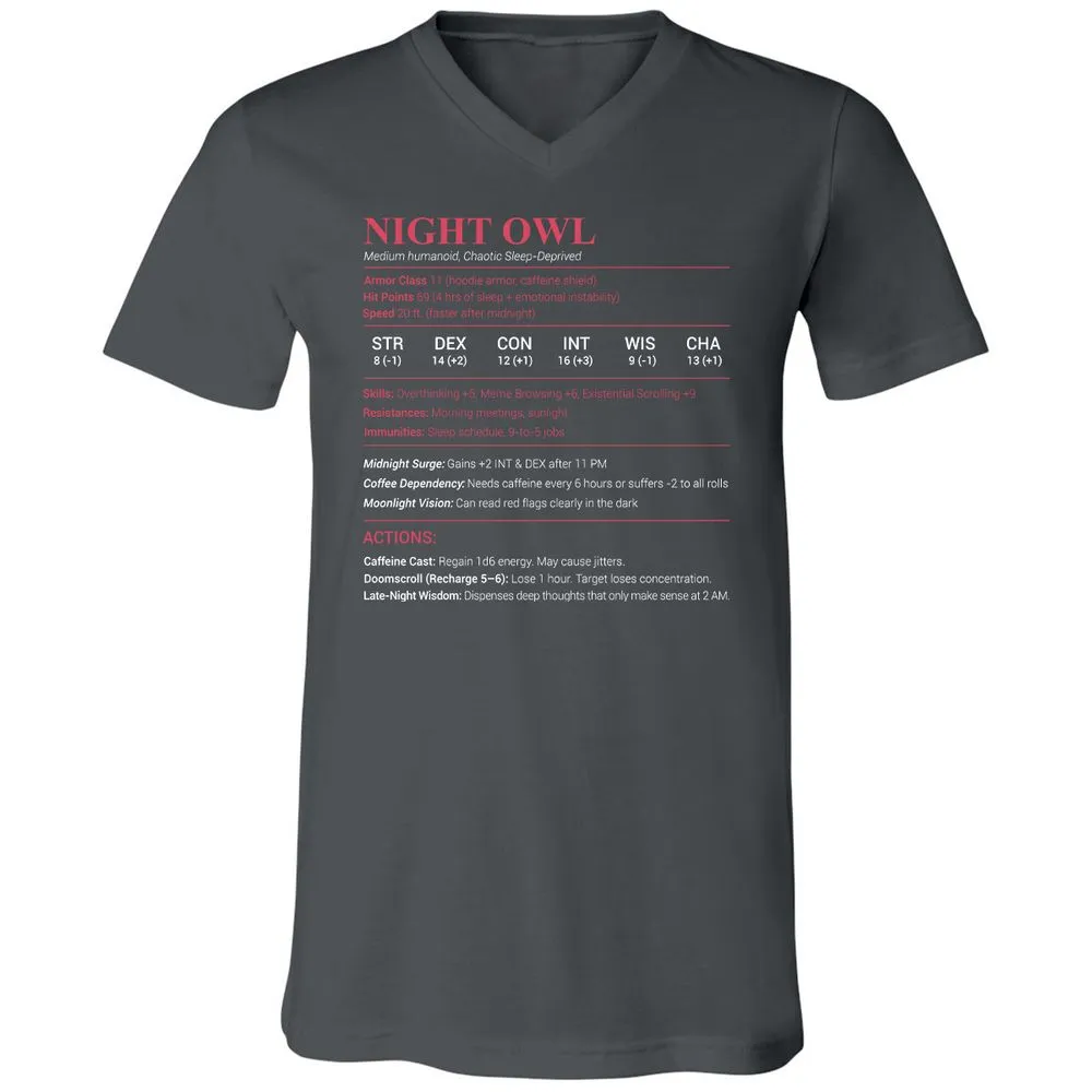 Night Owl Stats Unisex V-Neck T-Shirt - Asphalt - 12