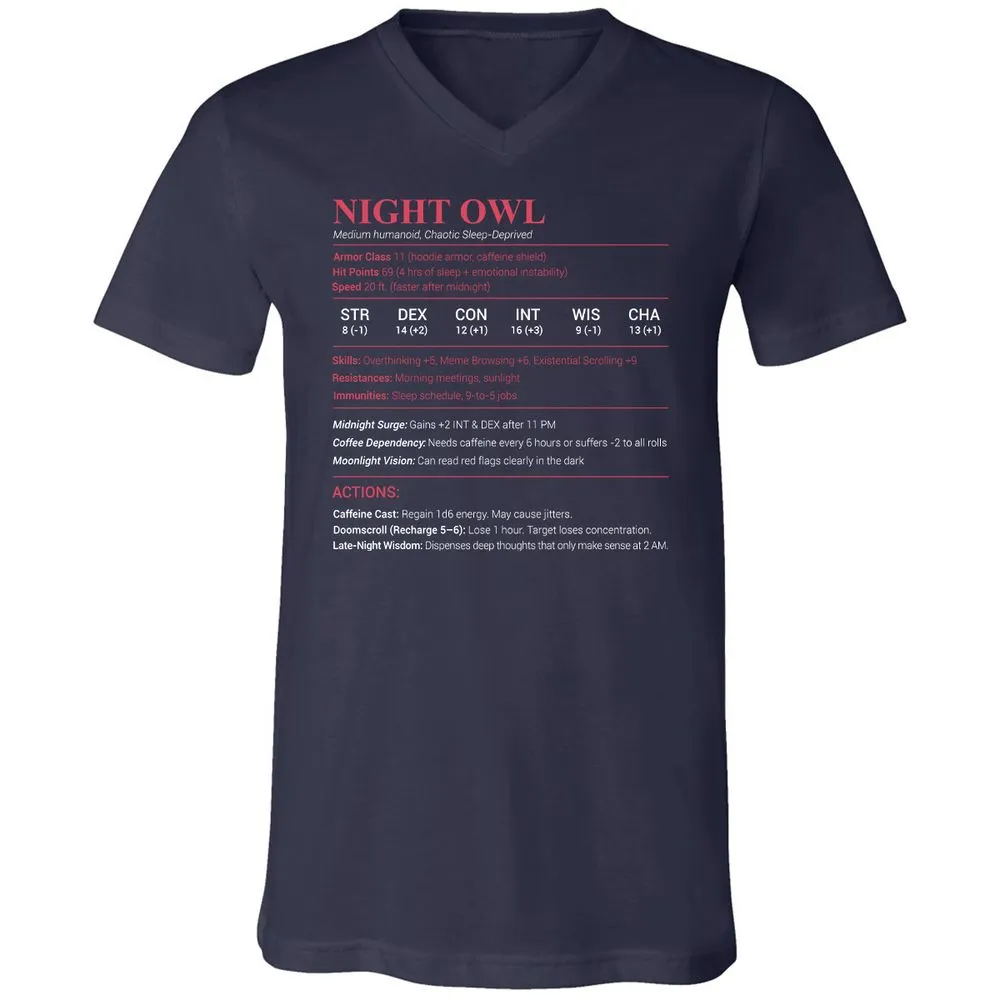 Night Owl Stats Unisex V-Neck T-Shirt - Navy - 2