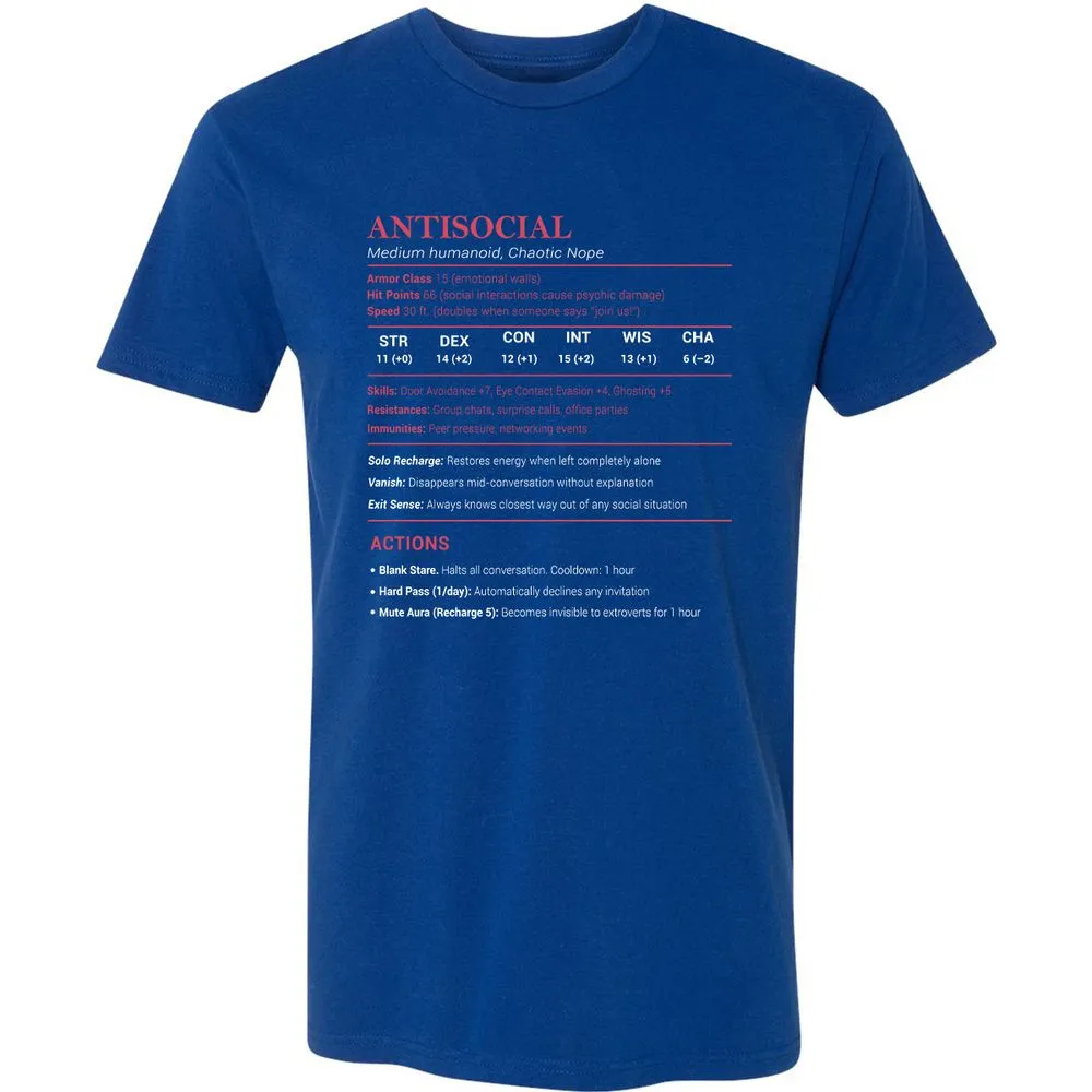 Antisocial Stats Premium Unisex T-Shirt - Royal - 10