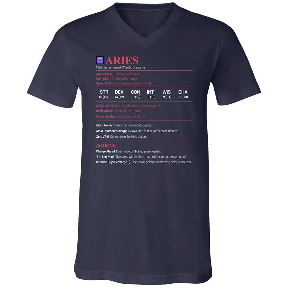 Aries Stats Unisex V-Neck T-Shirt - Navy - 2