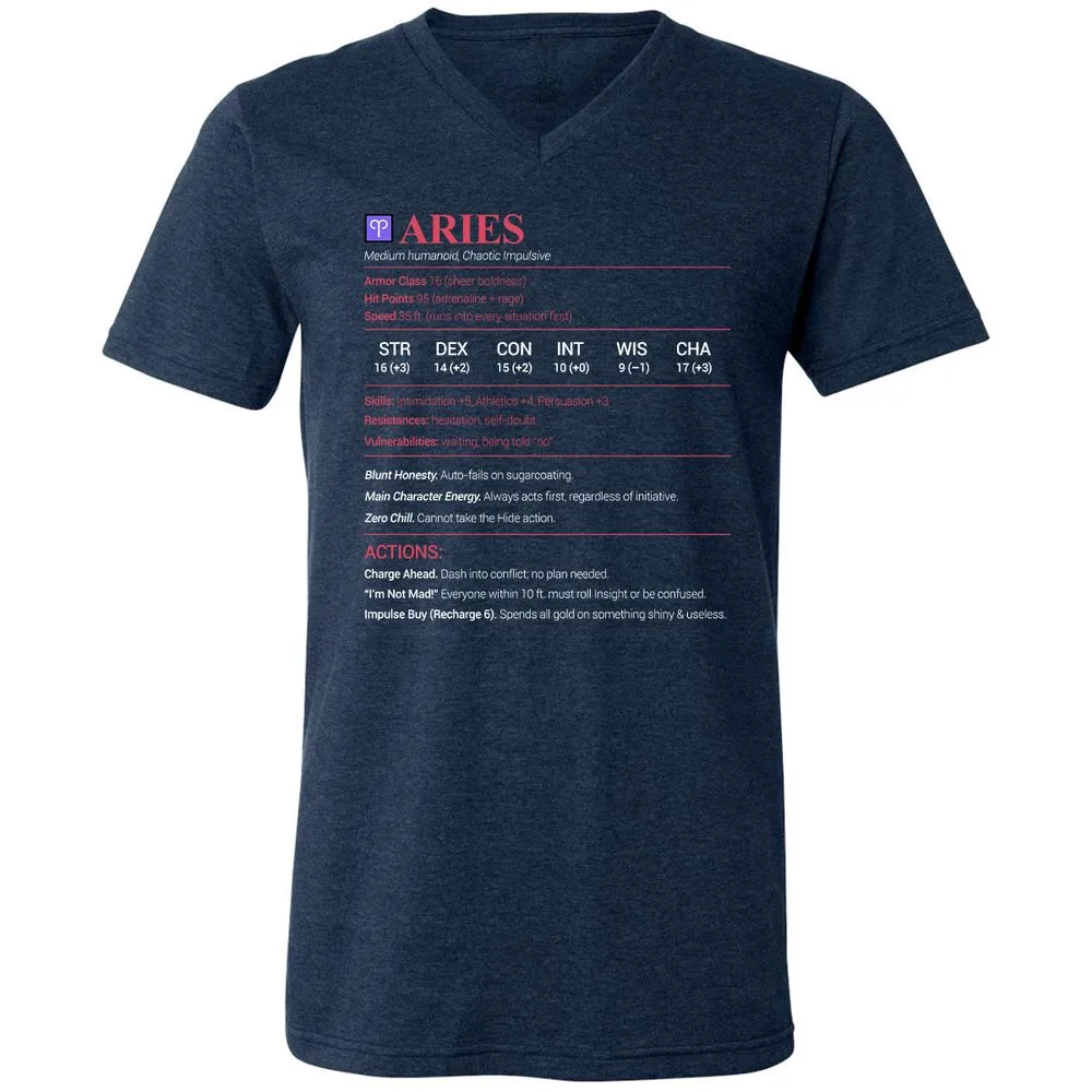 Aries Stats Unisex V-Neck T-Shirt - Heather Navy - 15