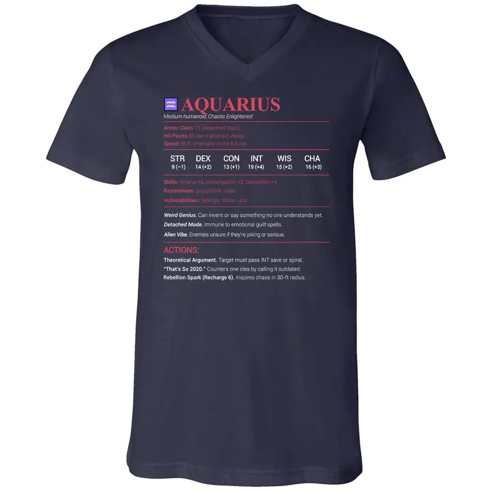 Aquarius Stats Unisex V-Neck T-Shirt - Navy - 2