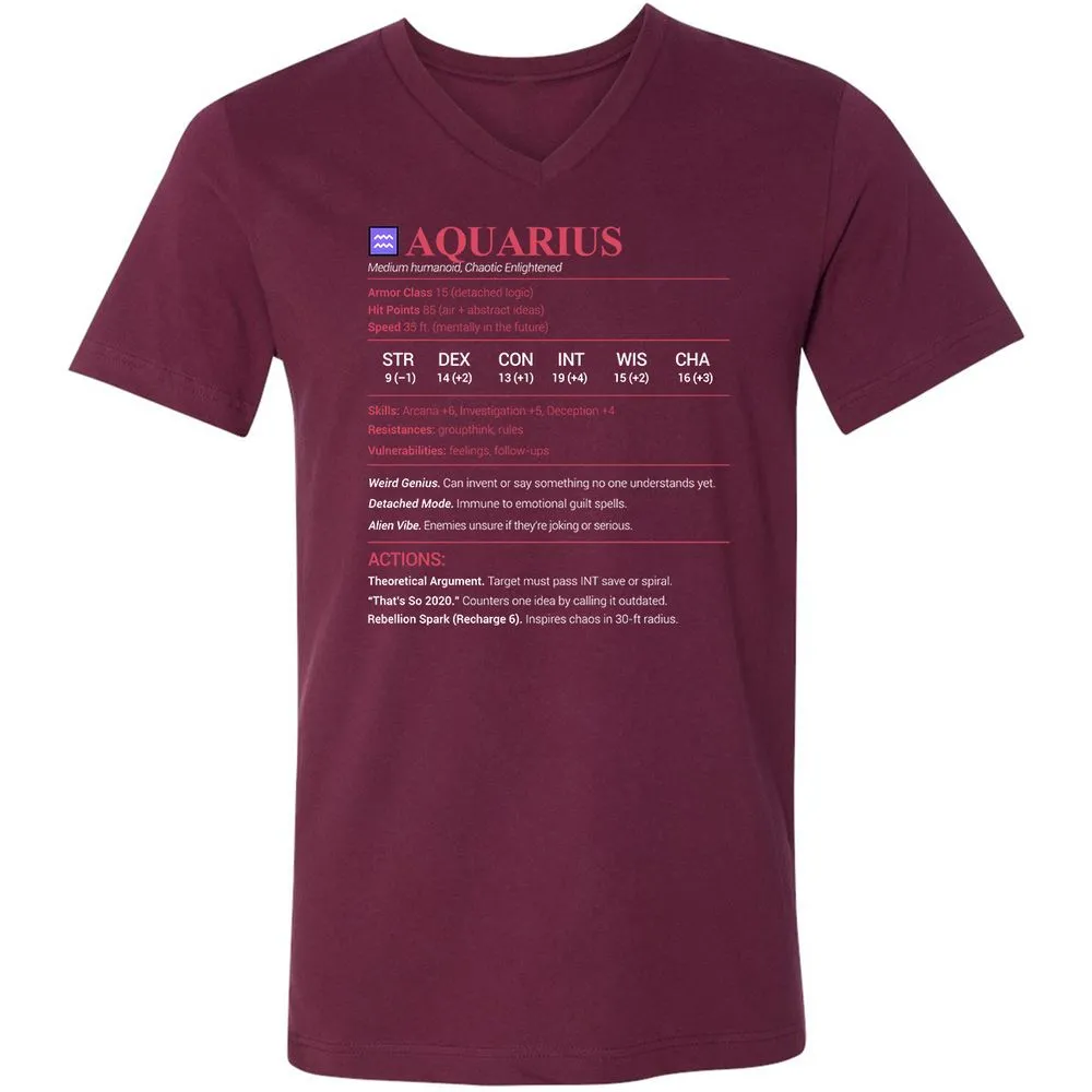 Aquarius Stats Unisex V-Neck T-Shirt - Maroon - 6