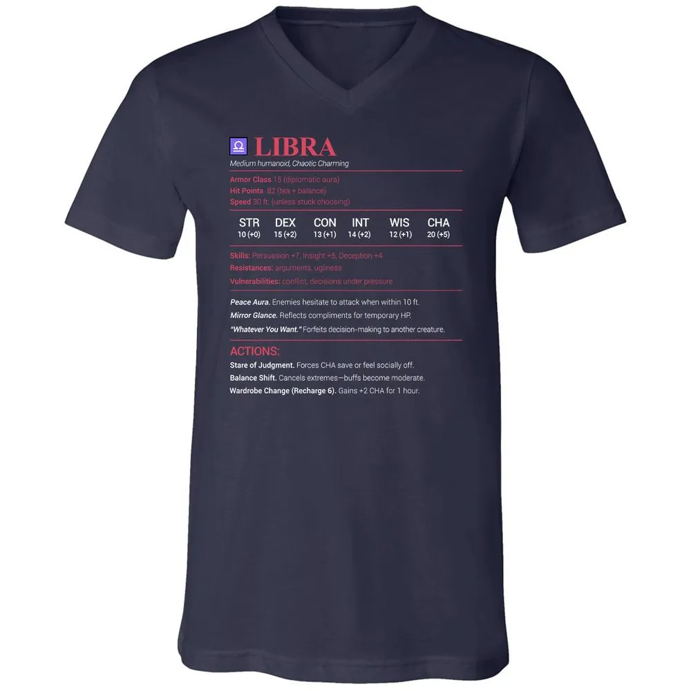 Libra Stats Unisex V-Neck T-Shirt - Navy - 2