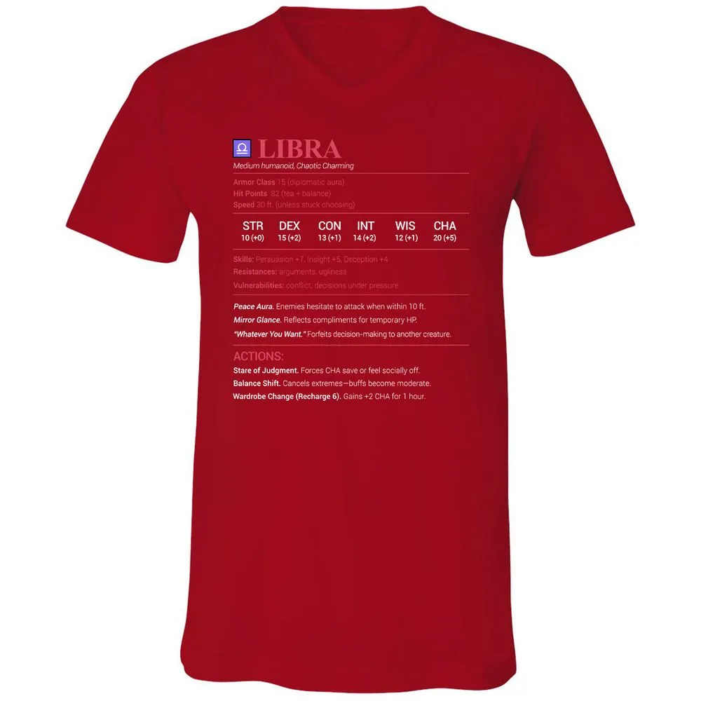 Libra Stats Unisex V-Neck T-Shirt - Red - 3