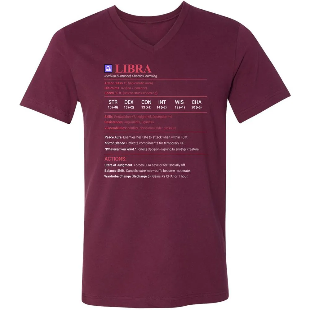 Libra Stats Unisex V-Neck T-Shirt - Maroon - 6