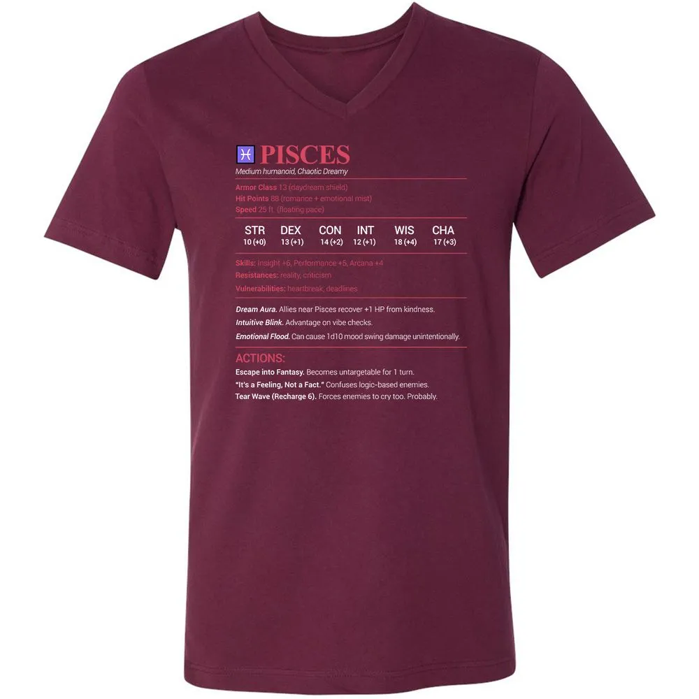 Pisces Stats Unisex V-Neck T-Shirt - Maroon - 6