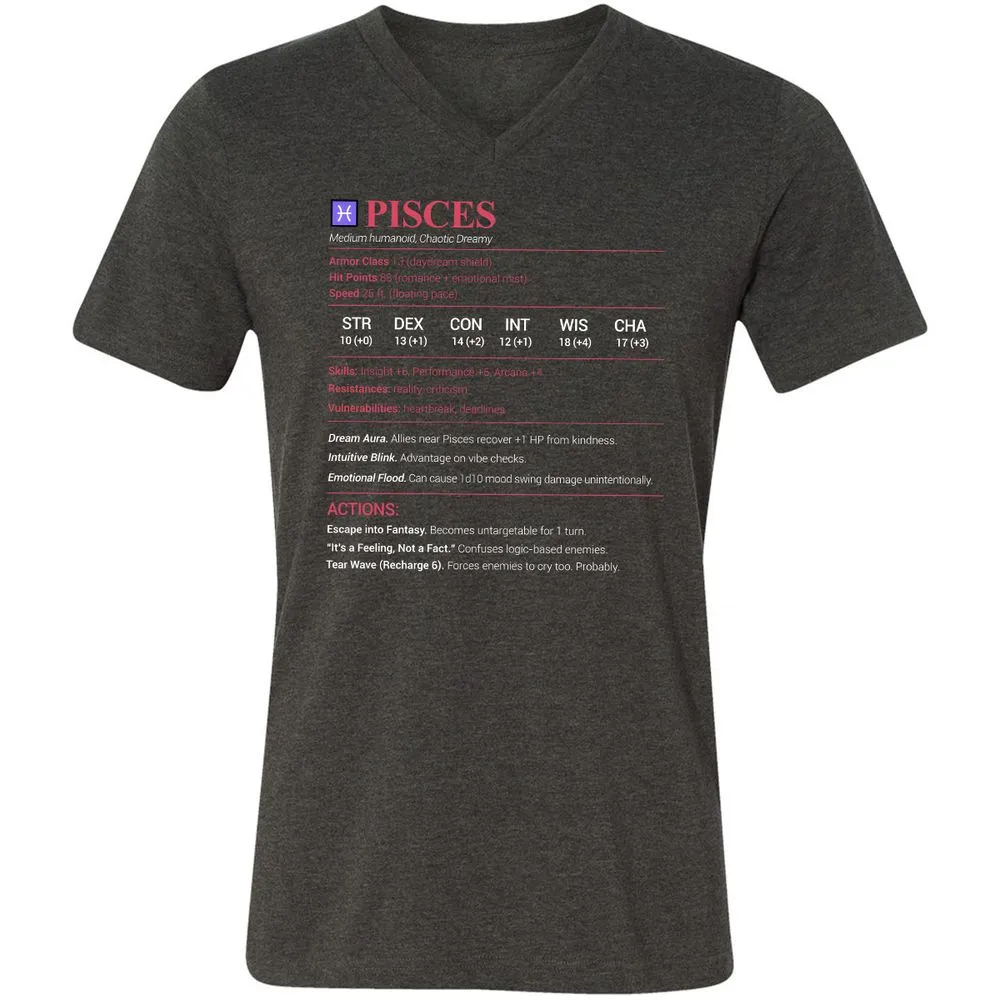 Pisces Stats Unisex V-Neck T-Shirt - Dark Grey Heather - 8