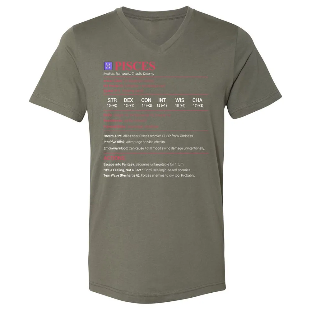 Pisces Stats Unisex V-Neck T-Shirt - Military Green - 10