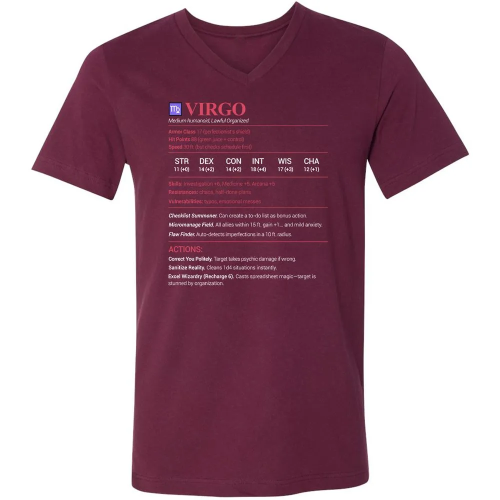 Virgo Stats Unisex V-Neck T-Shirt - Maroon - 6