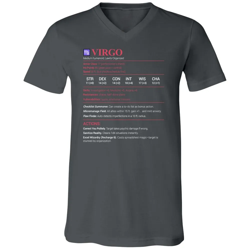 Virgo Stats Unisex V-Neck T-Shirt - Asphalt - 12