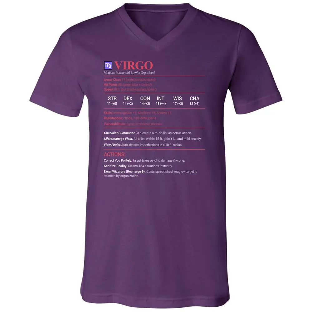 Virgo Stats Unisex V-Neck T-Shirt - Team Purple - 9