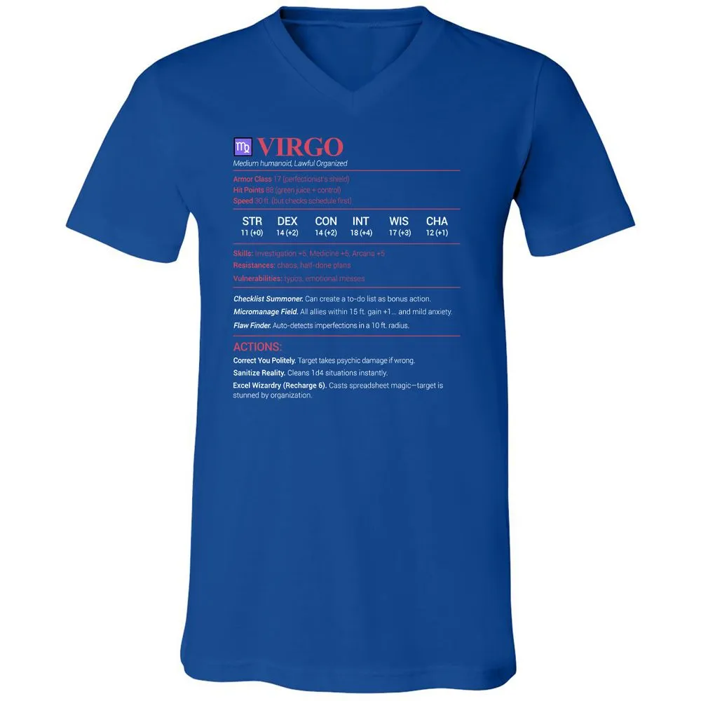 Virgo Stats Unisex V-Neck T-Shirt - True Royal - 4