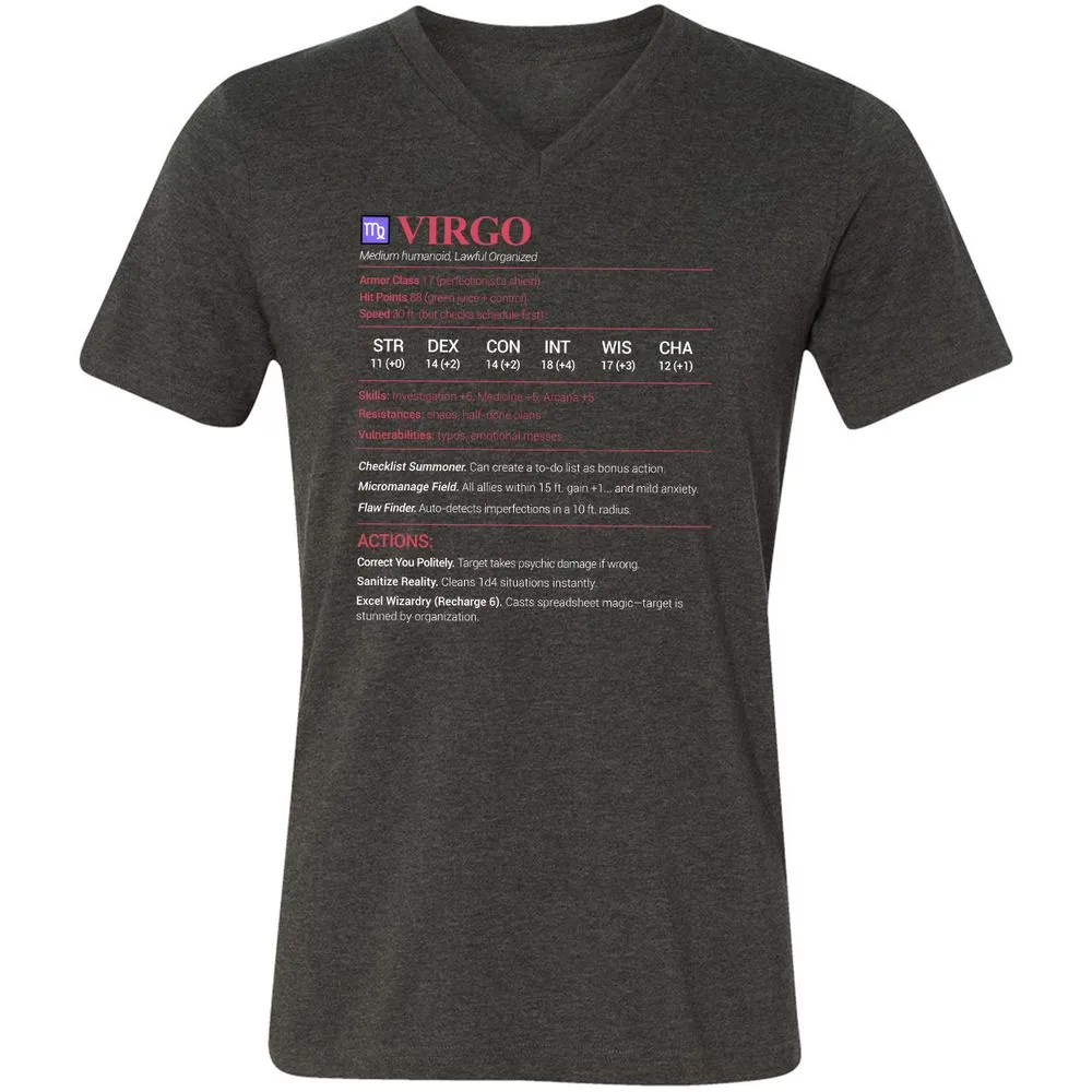 Virgo Stats Unisex V-Neck T-Shirt - Dark Grey Heather - 8