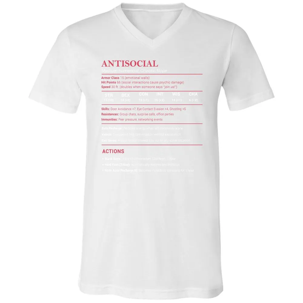 Antisocial Stats Unisex V-Neck T-Shirt - White - 5
