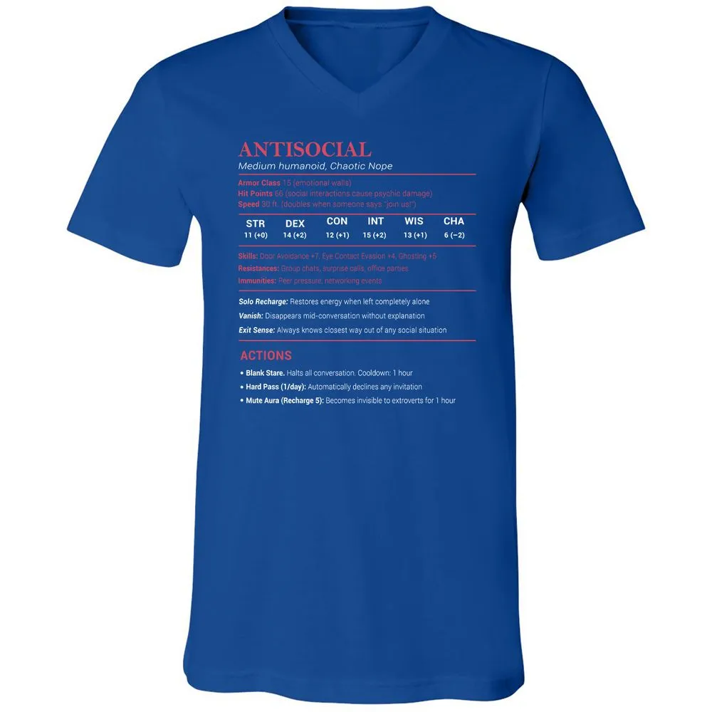 Antisocial Stats Unisex V-Neck T-Shirt - True Royal - 4