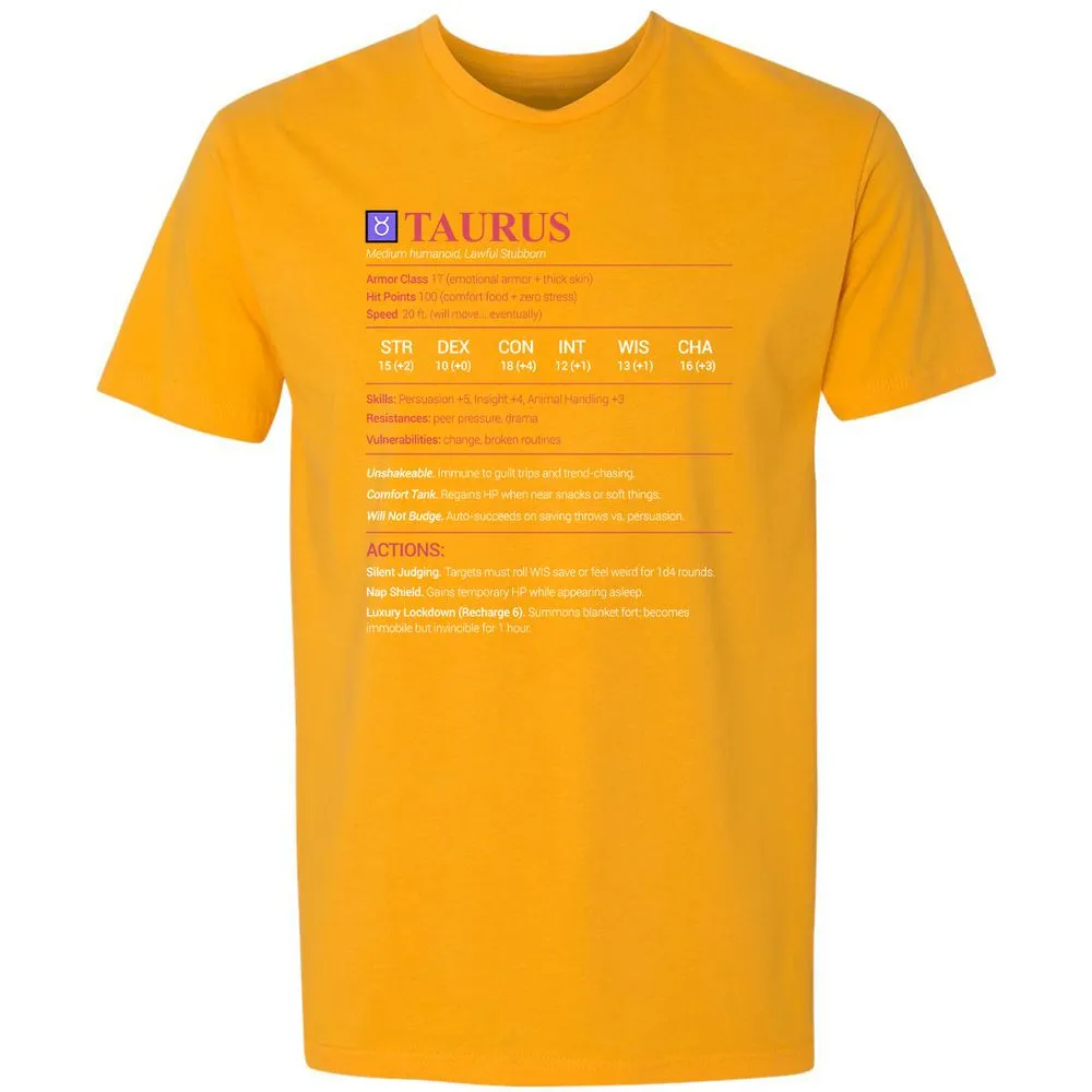 Taurus Stats Premium Unisex T-Shirt - Gold - 12