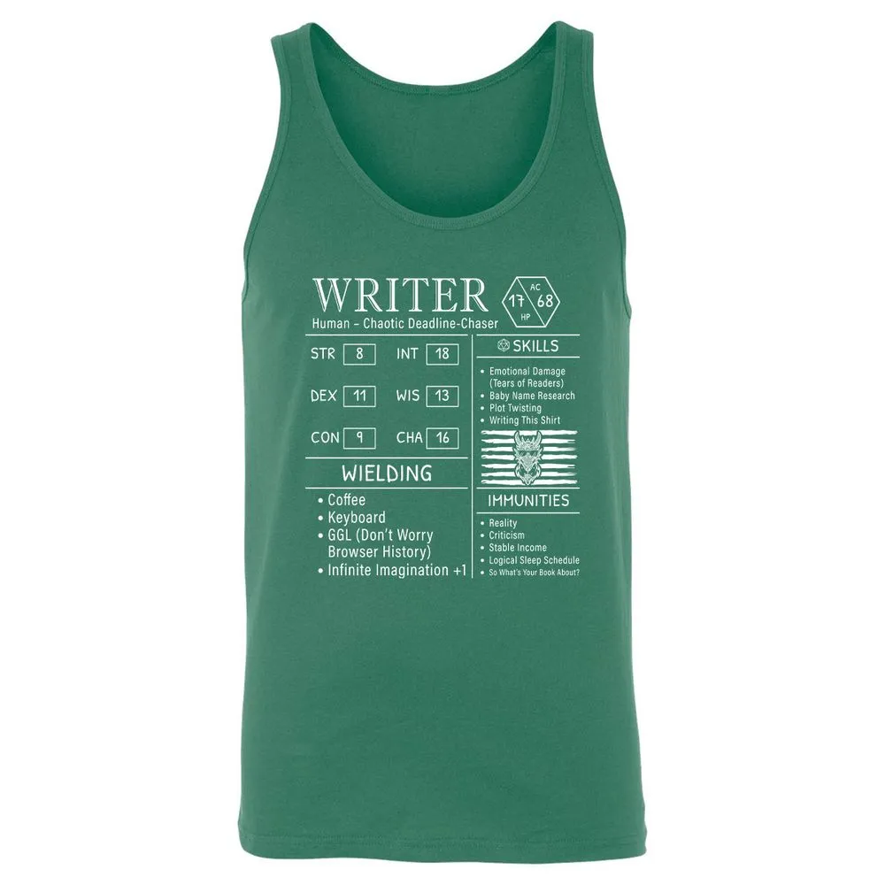 Writer Stats New Unisex Jersey Tank - Kelly - 9