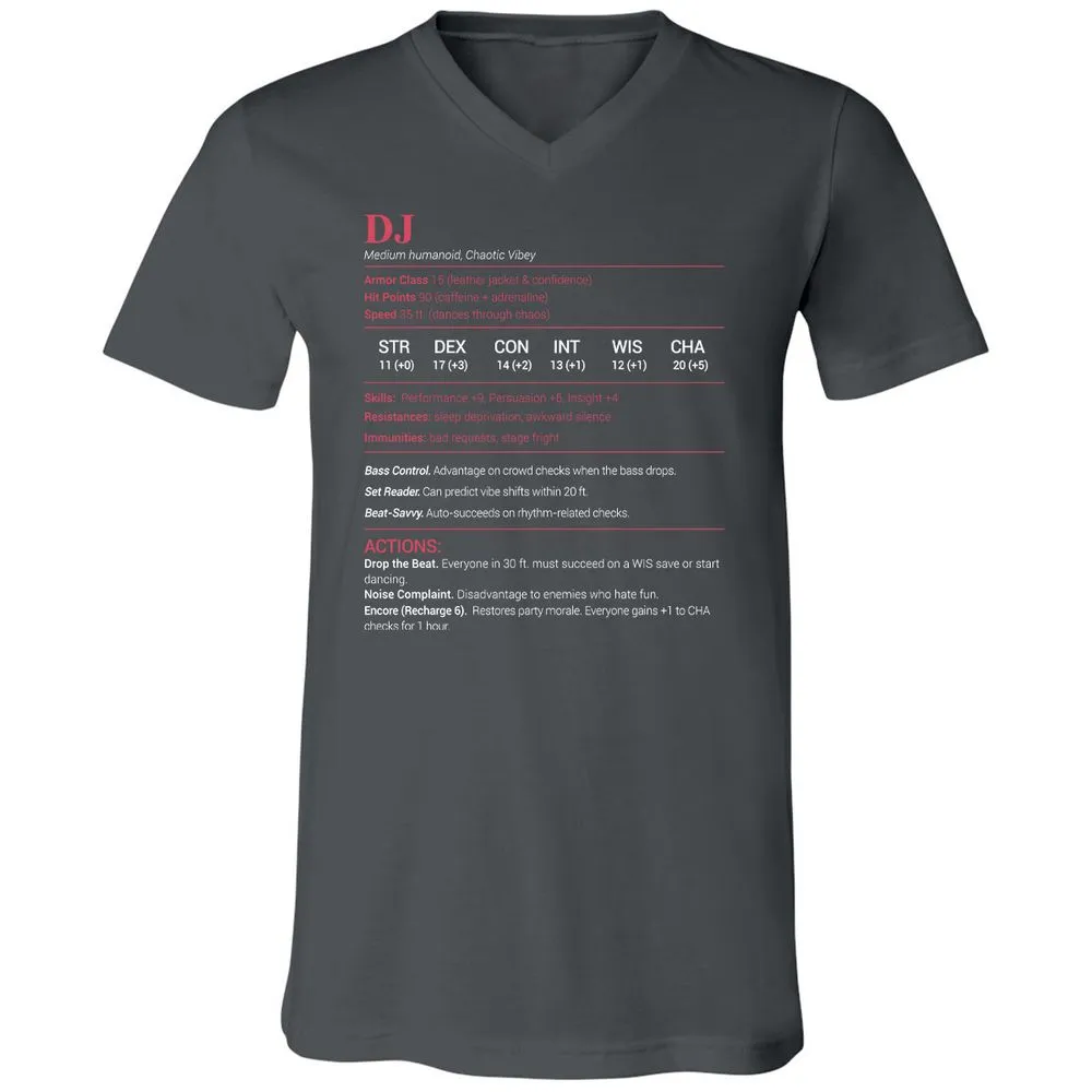 DJ Stats Unisex V-Neck T-Shirt - Asphalt - 12