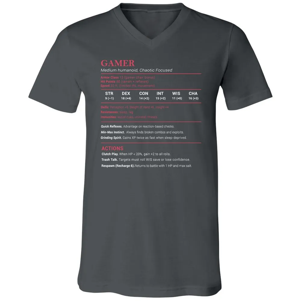 Gamer Stats Unisex V-Neck T-Shirt - Asphalt - 12