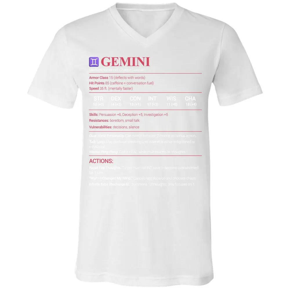 Gemini Stats Unisex V-Neck T-Shirt - White - 5