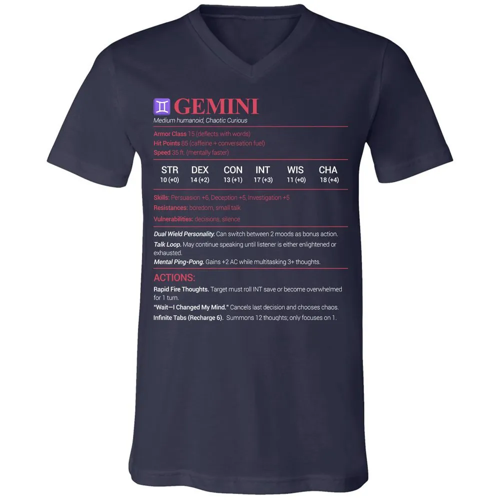 Gemini Stats Unisex V-Neck T-Shirt - Navy - 2
