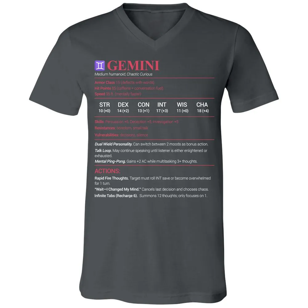 Gemini Stats Unisex V-Neck T-Shirt - Asphalt - 12