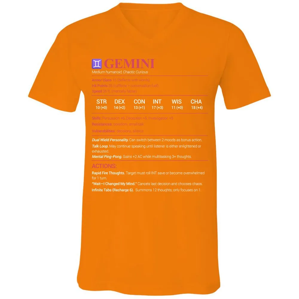 Gemini Stats Unisex V-Neck T-Shirt - Orange - 11
