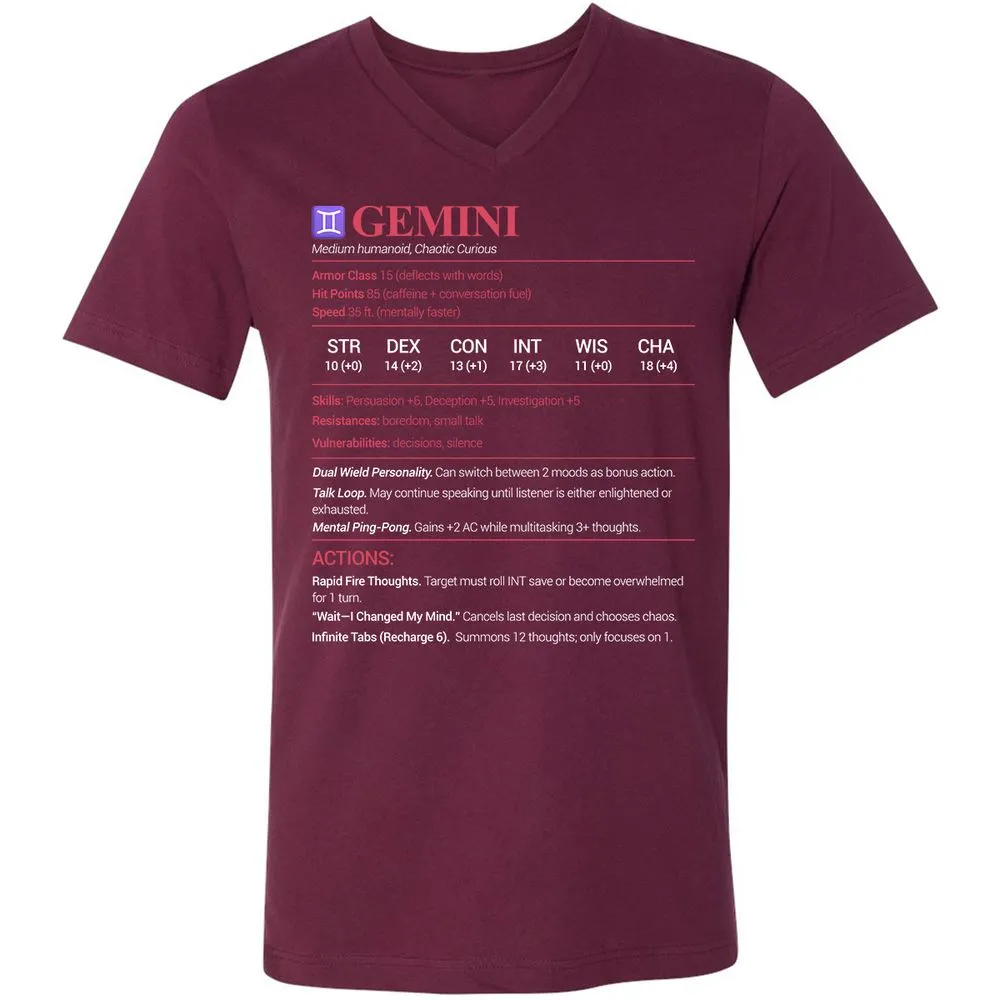 Gemini Stats Unisex V-Neck T-Shirt - Maroon - 6